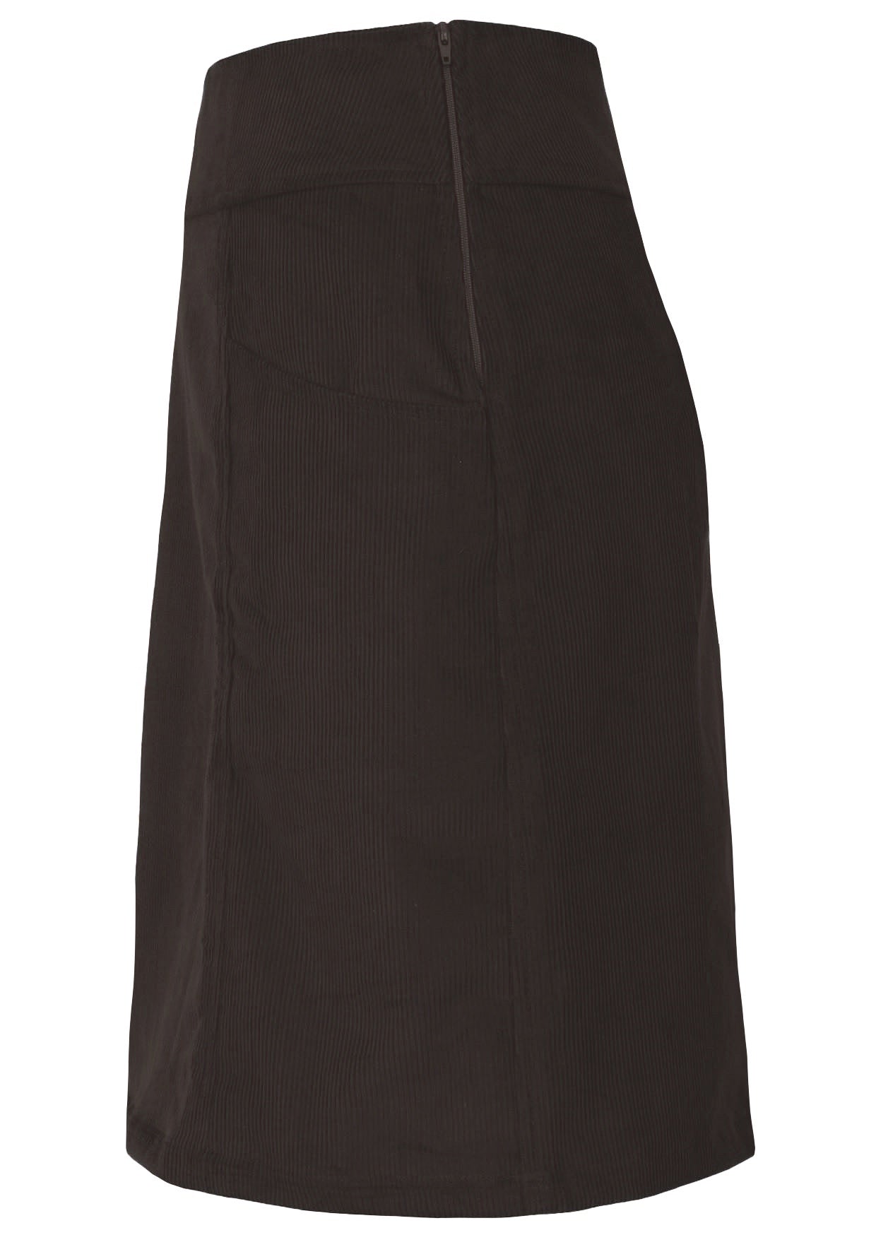 Side mannequin photo of chocolate brown cotton corduroy A-line skirt with pockets and side zip