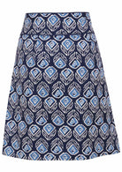 Back image of a above knee length navy cotton skirt with piped detailing, pockets and a side zipper