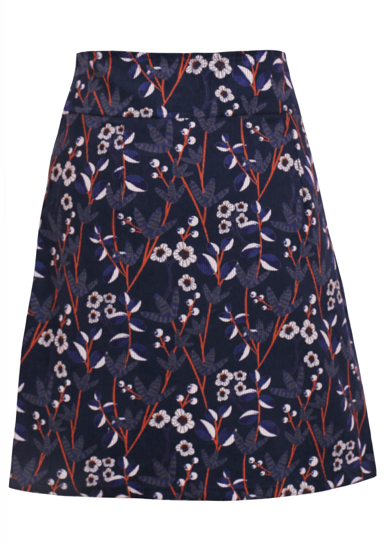 Cotton corduroy retro floral print on dark blue base A-line above knee length skirt with wide waistband