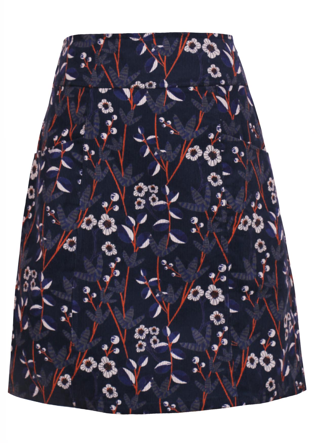 Cotton corduroy retro floral print on dark blue base A-line above knee length skirt with pockets