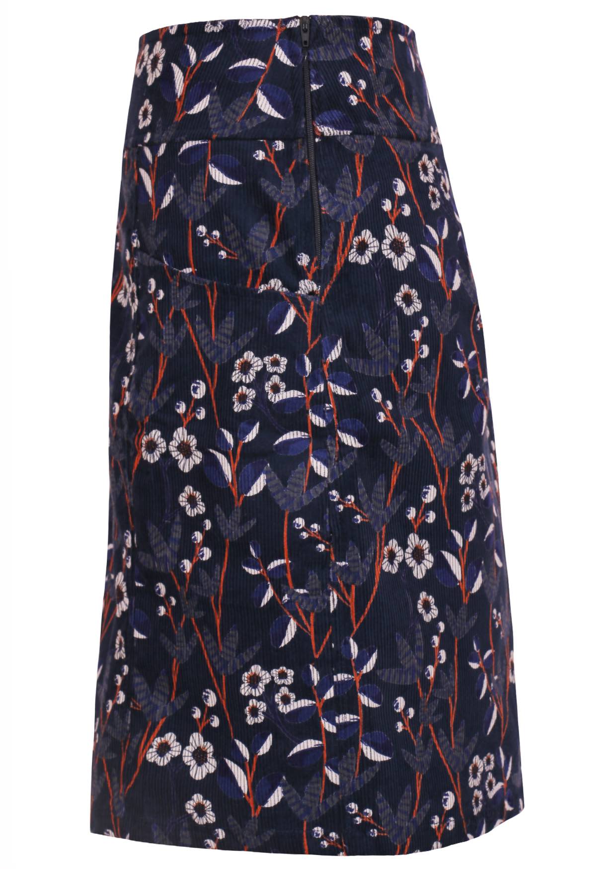 Cotton corduroy retro floral print on dark blue base A-line above knee length skirt with pockets and side zip