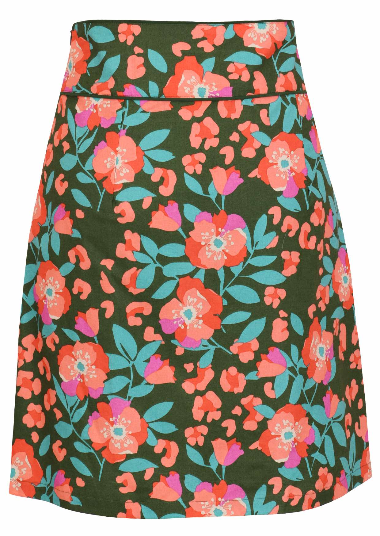 Back image of a above knee length olive green cotton skirt with piped detailing, pockets and a side zipper