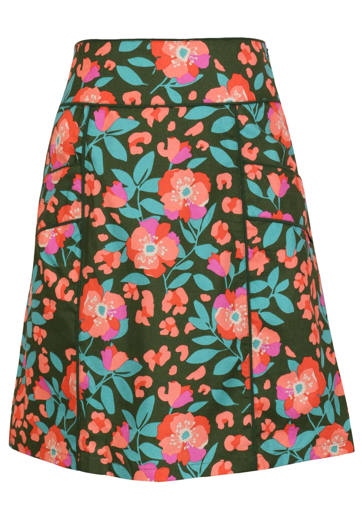 100% cotton above knee A-line skirt with piped details, pockets and hidden side zip in olive green based floral print