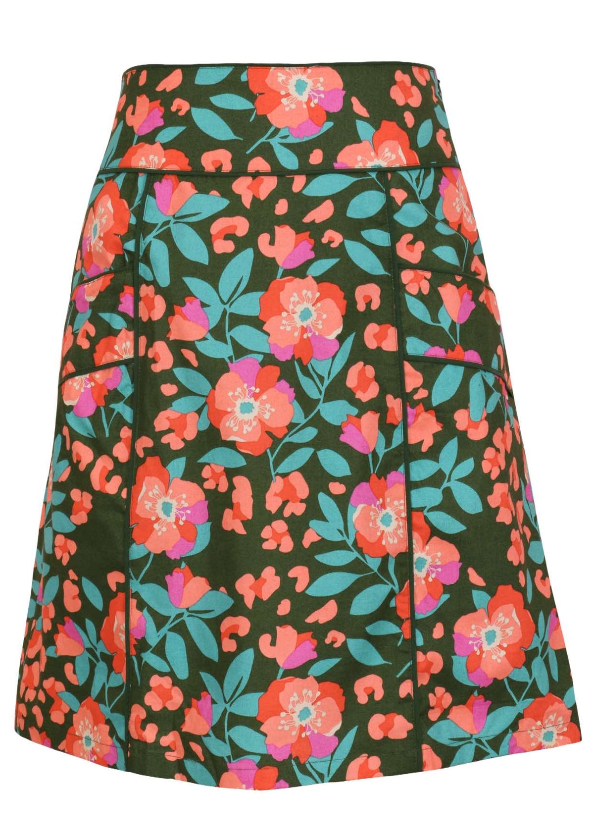 100% cotton above knee A-line skirt with piped details, pockets and hidden side zip in olive green based floral print