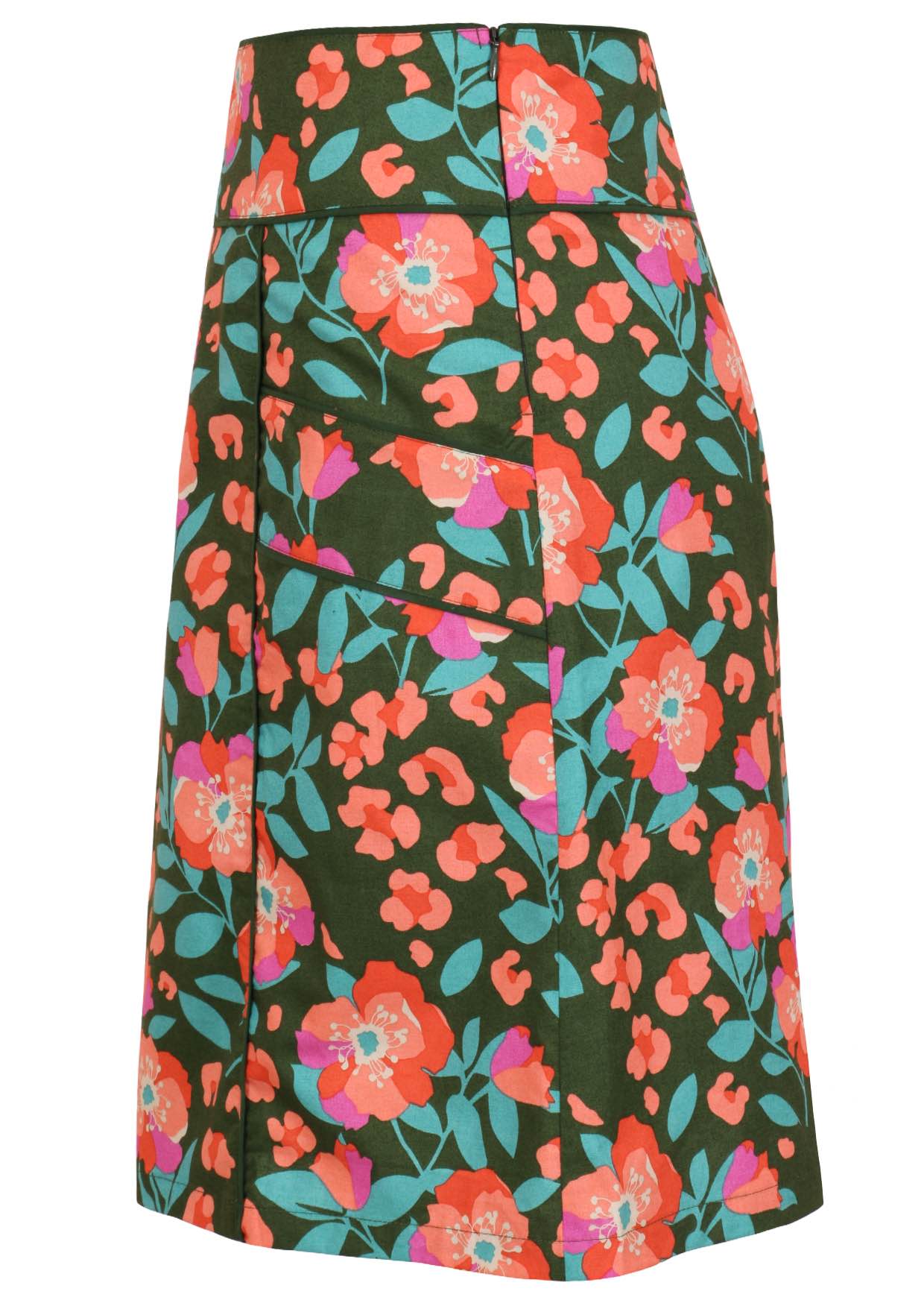 Side image of olive green based floral print, A line cotton skirt with wide piped waistband, pockets and hidden side zipper