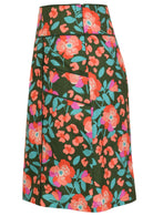 Side image of olive green based floral print, A line cotton skirt with wide piped waistband, pockets and hidden side zipper