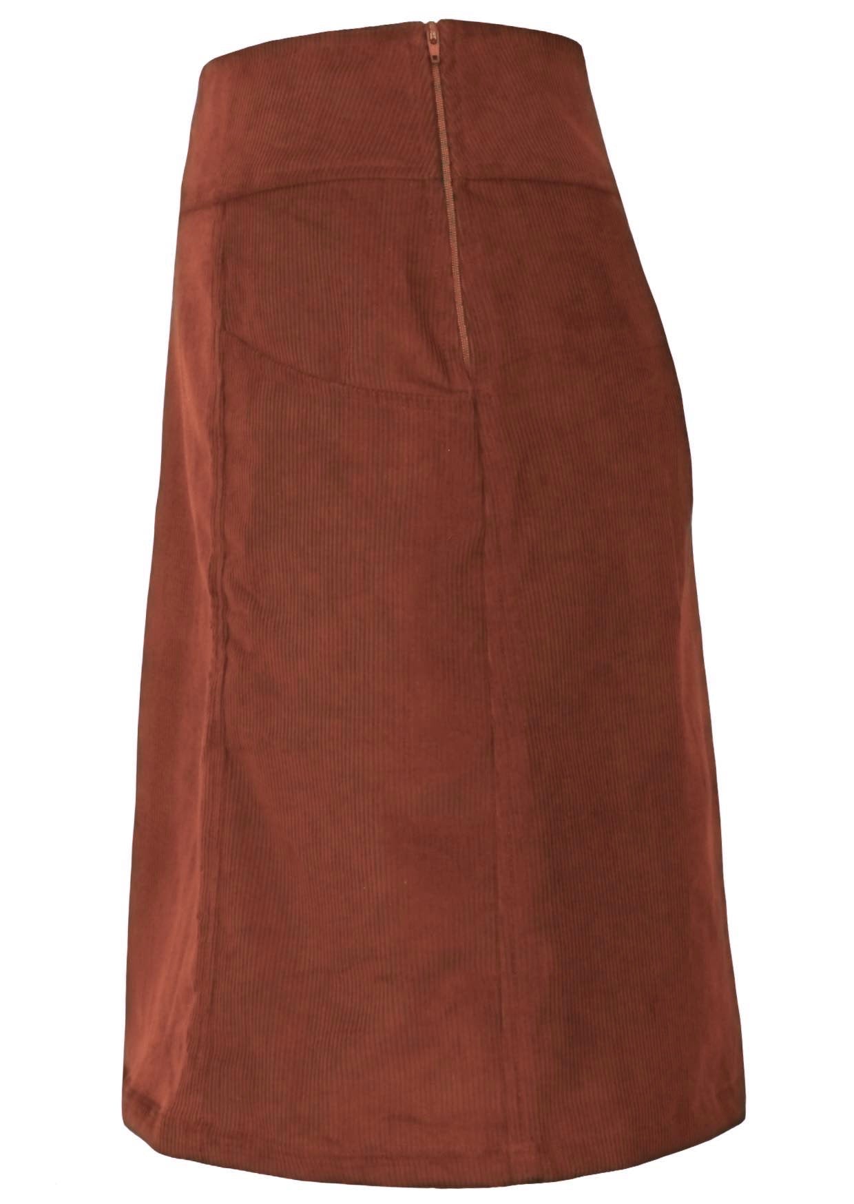 Side mannequin photo of burnt henna cotton corduroy knee length A-line skirt with pockets and side zip