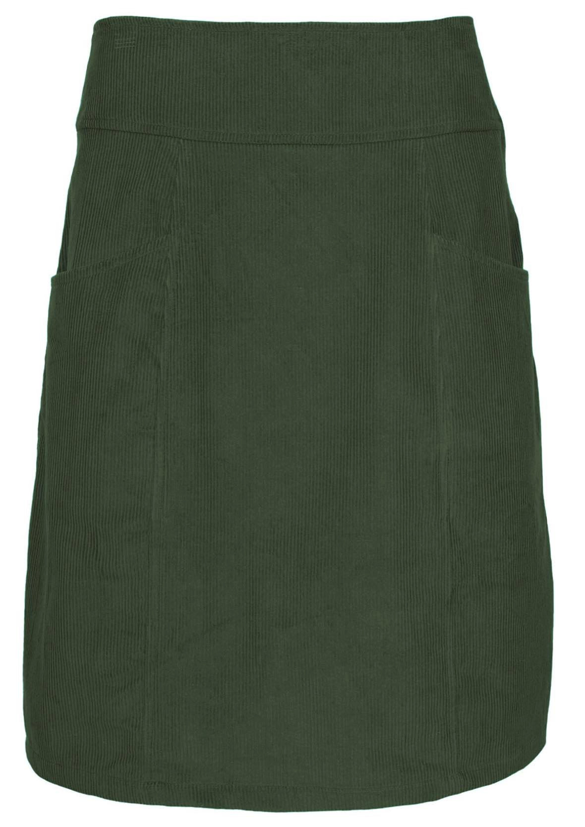 Front mannequin photo of green cotton corduroy knee length A-line skirt with pockets