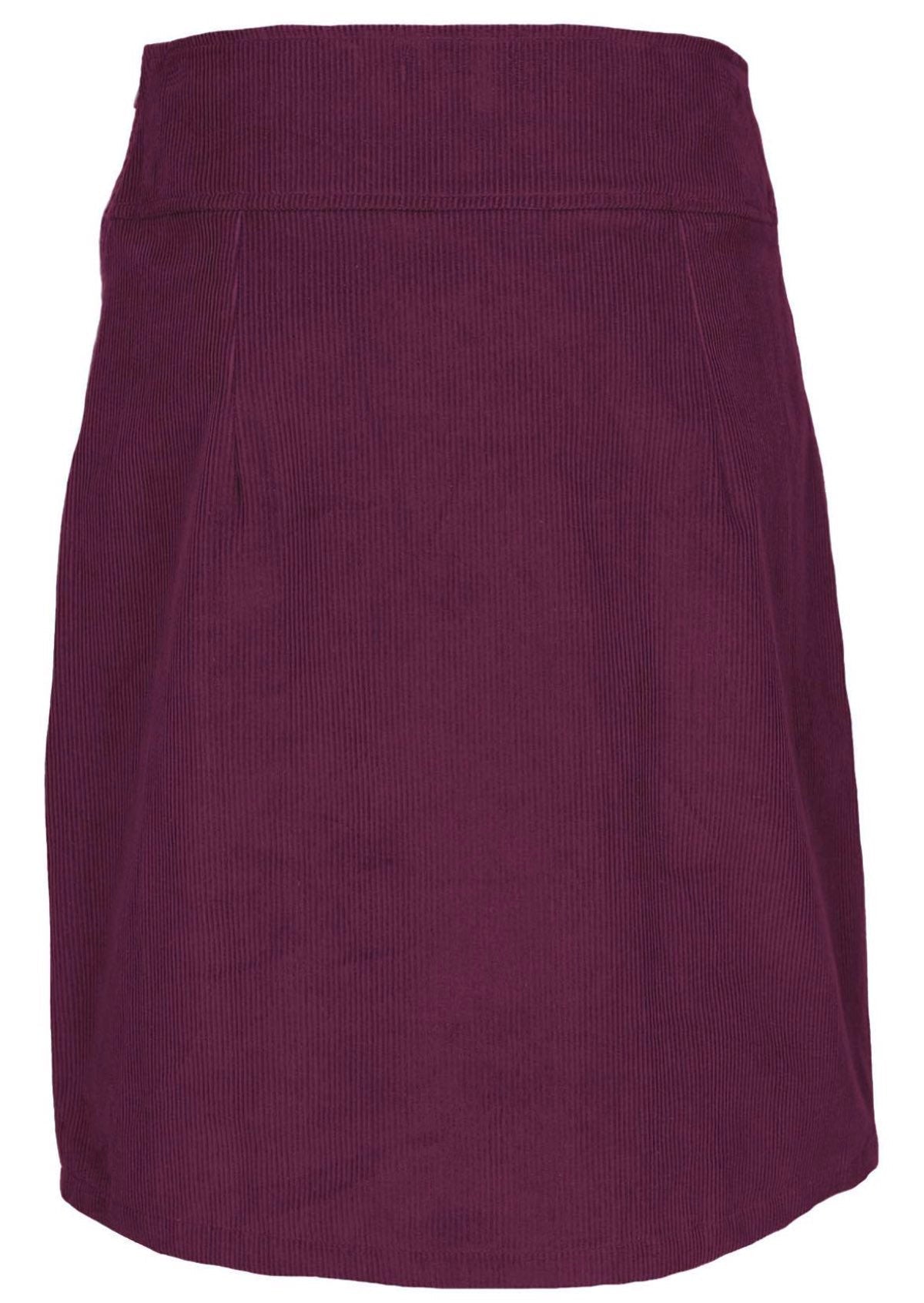 Back mannequin photo of plum purple cotton corduroy knee length A-line skirt