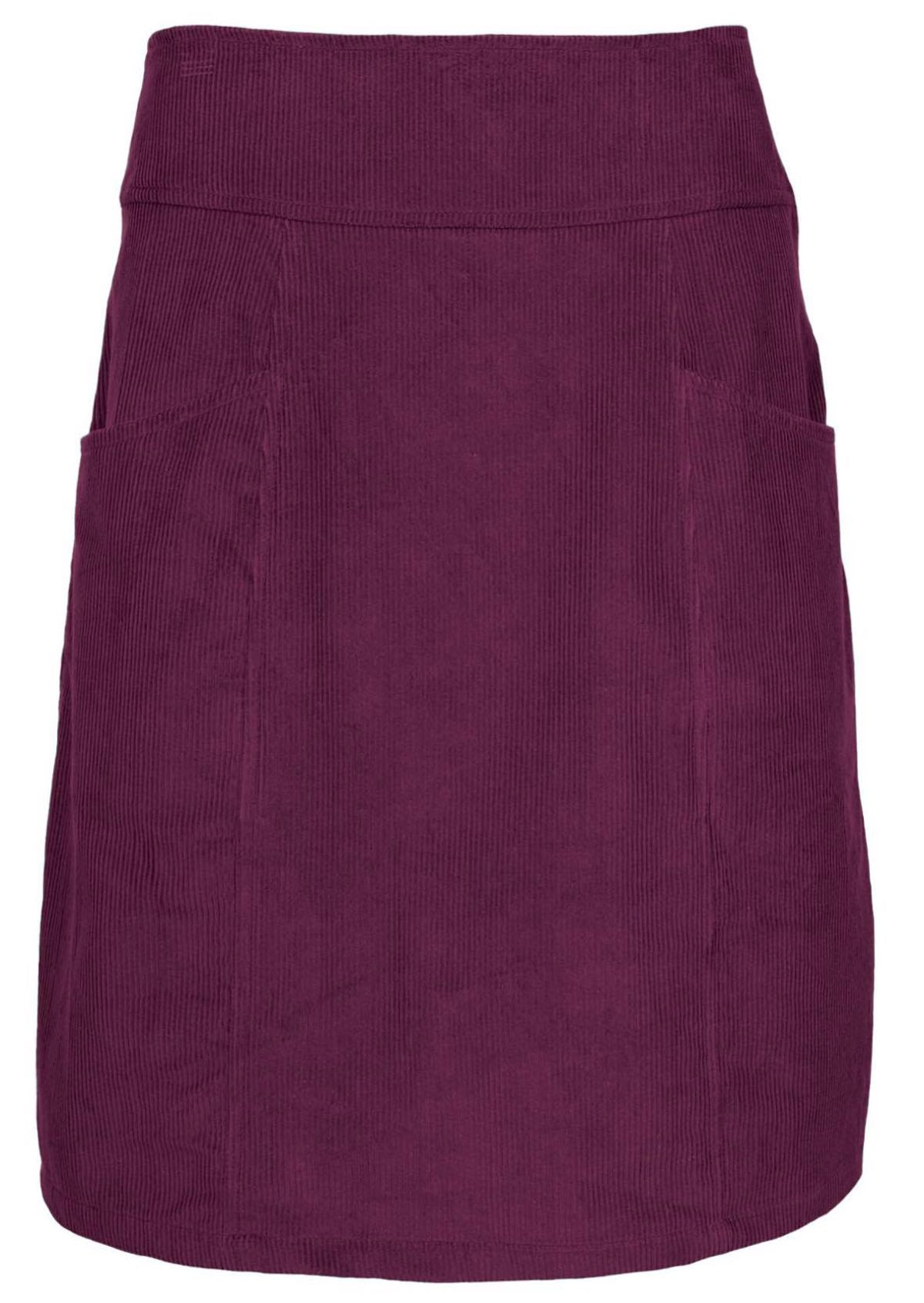 Front mannequin photo of plum purple cotton corduroy knee length A-line skirt with pockets