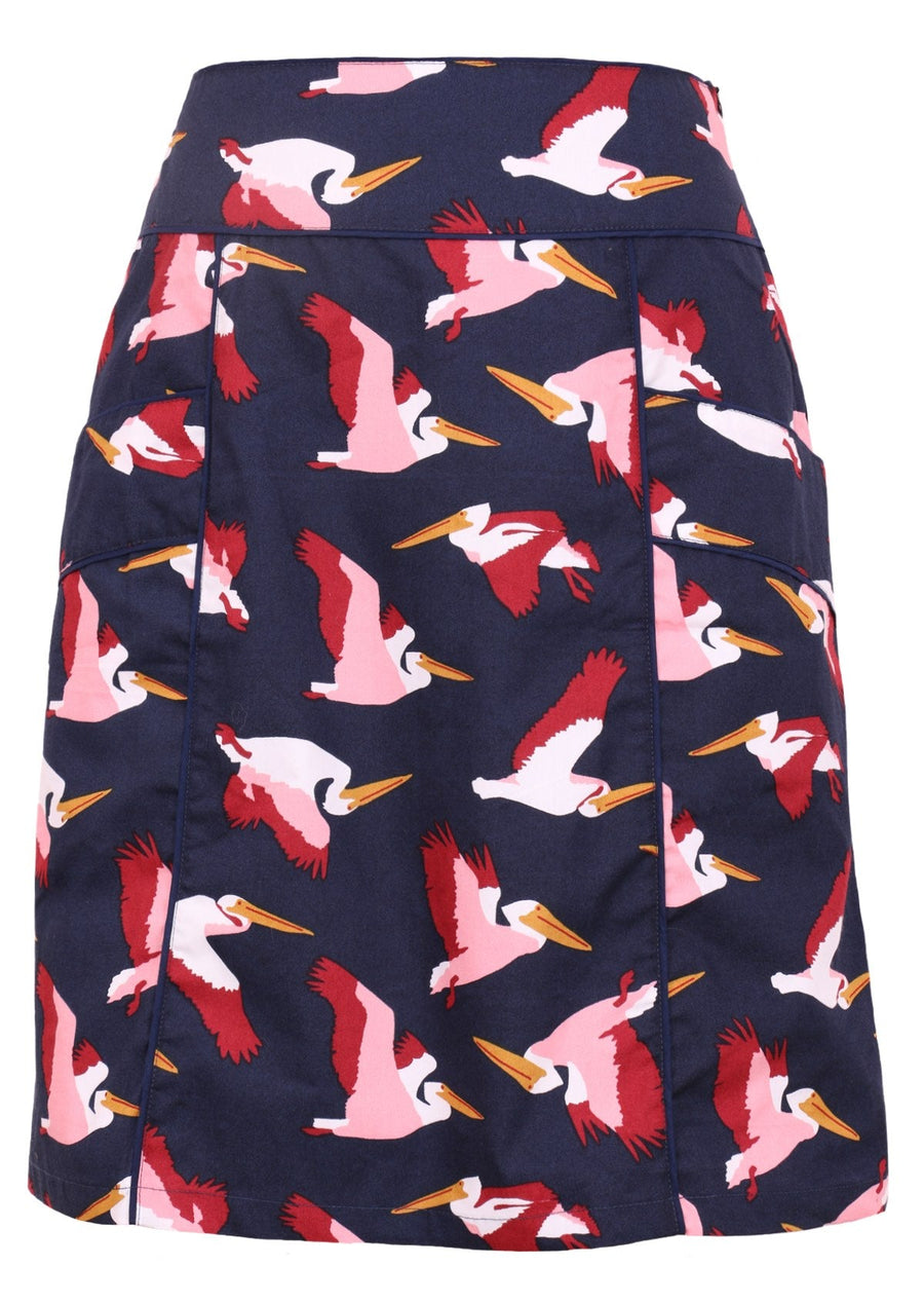 Aalia Skirt Percival Dark Navy Base with Bird Print 100% Cotton A-iline Skirt | Karma East Australia