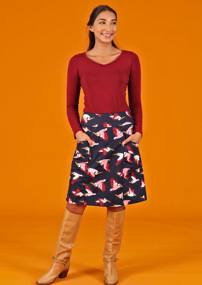 a-line cotton dark blue base bird print skirt