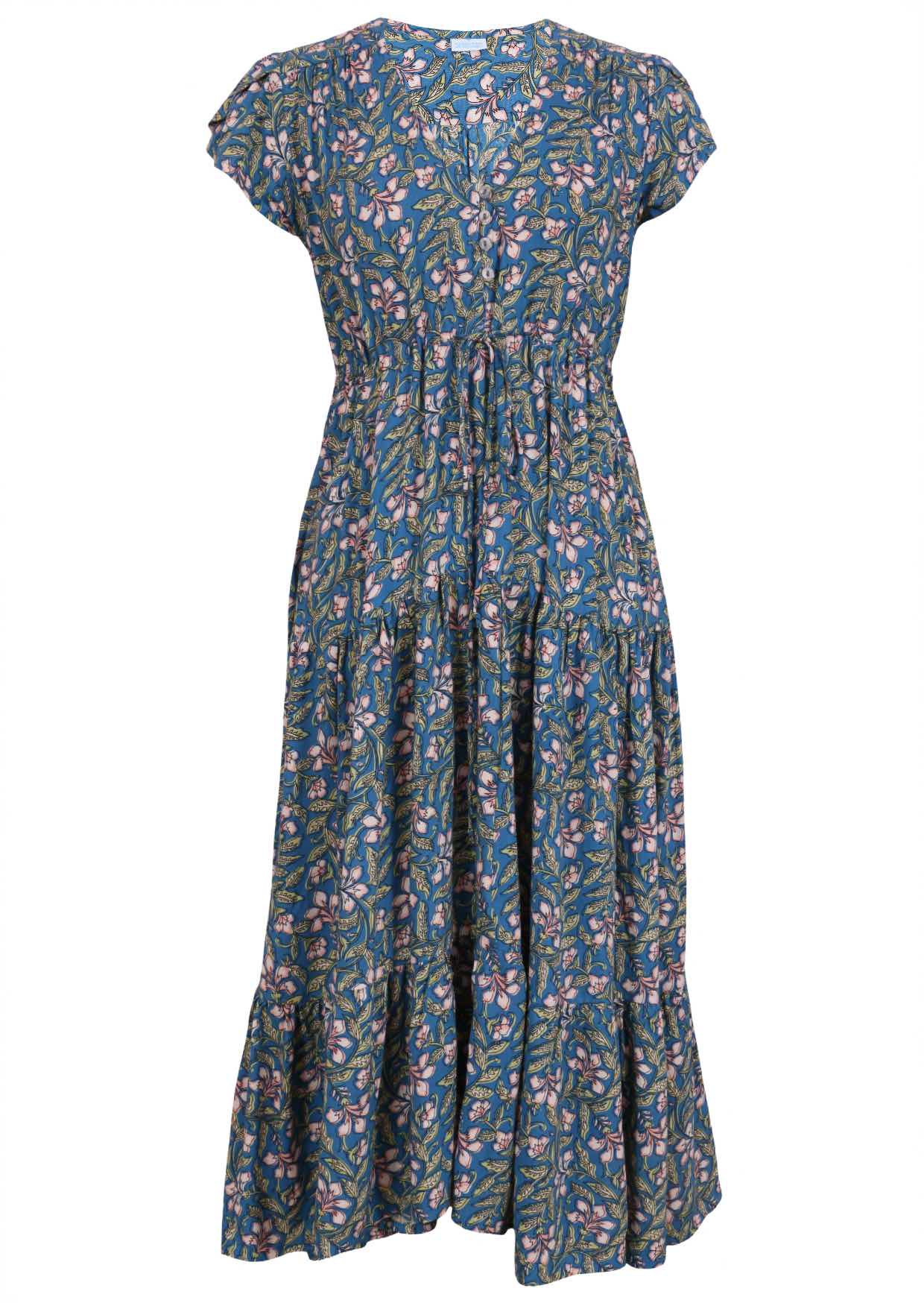 Blue based block style floral print rayon dress with V - neckline.