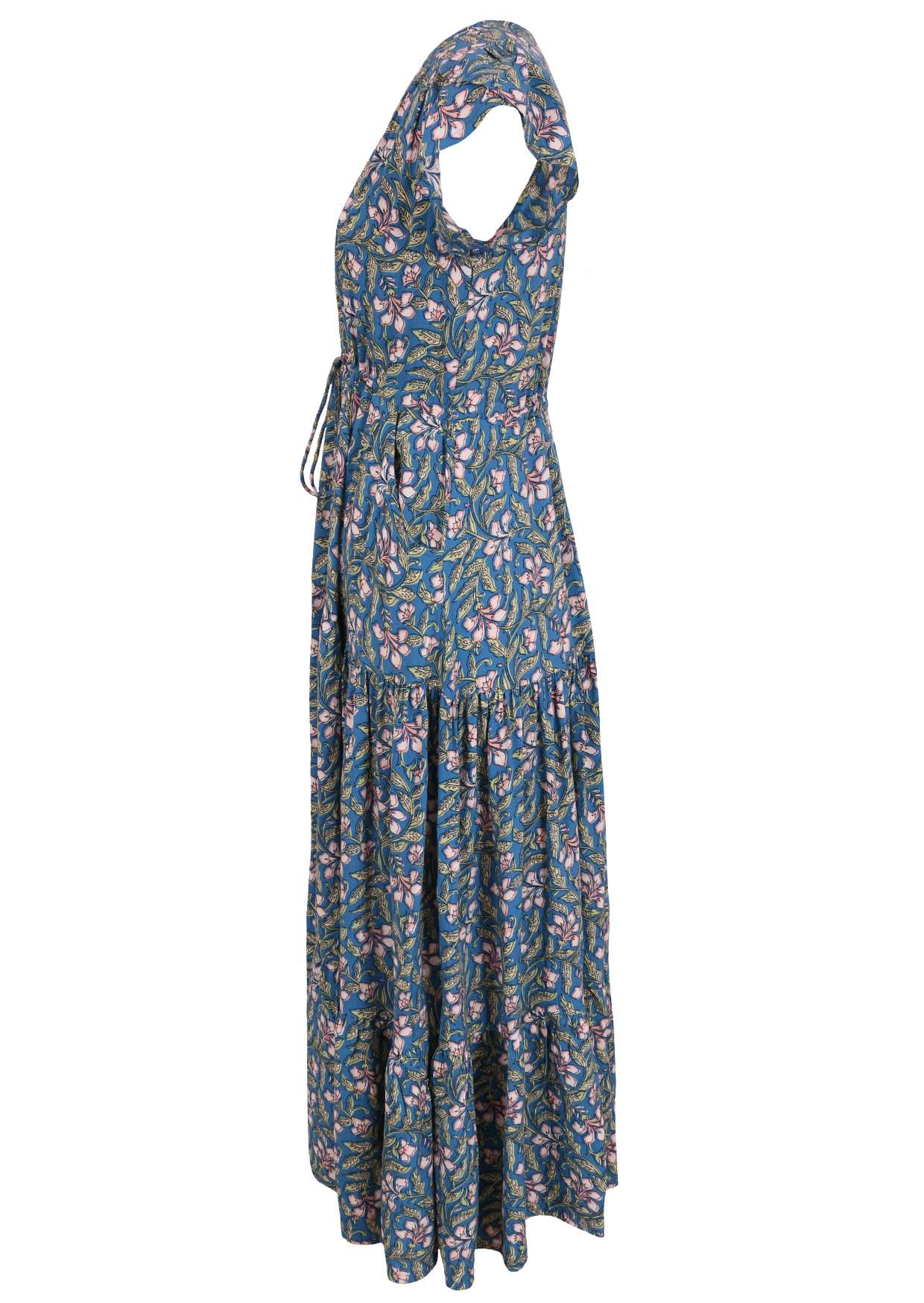 Side view of blue based block style floral print rayon dress with pockets.
