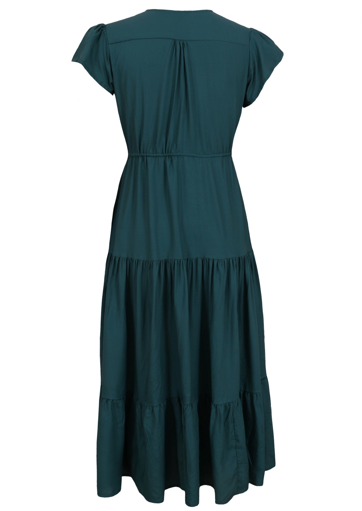 Teal green maxi dress with buttons on a white background back view