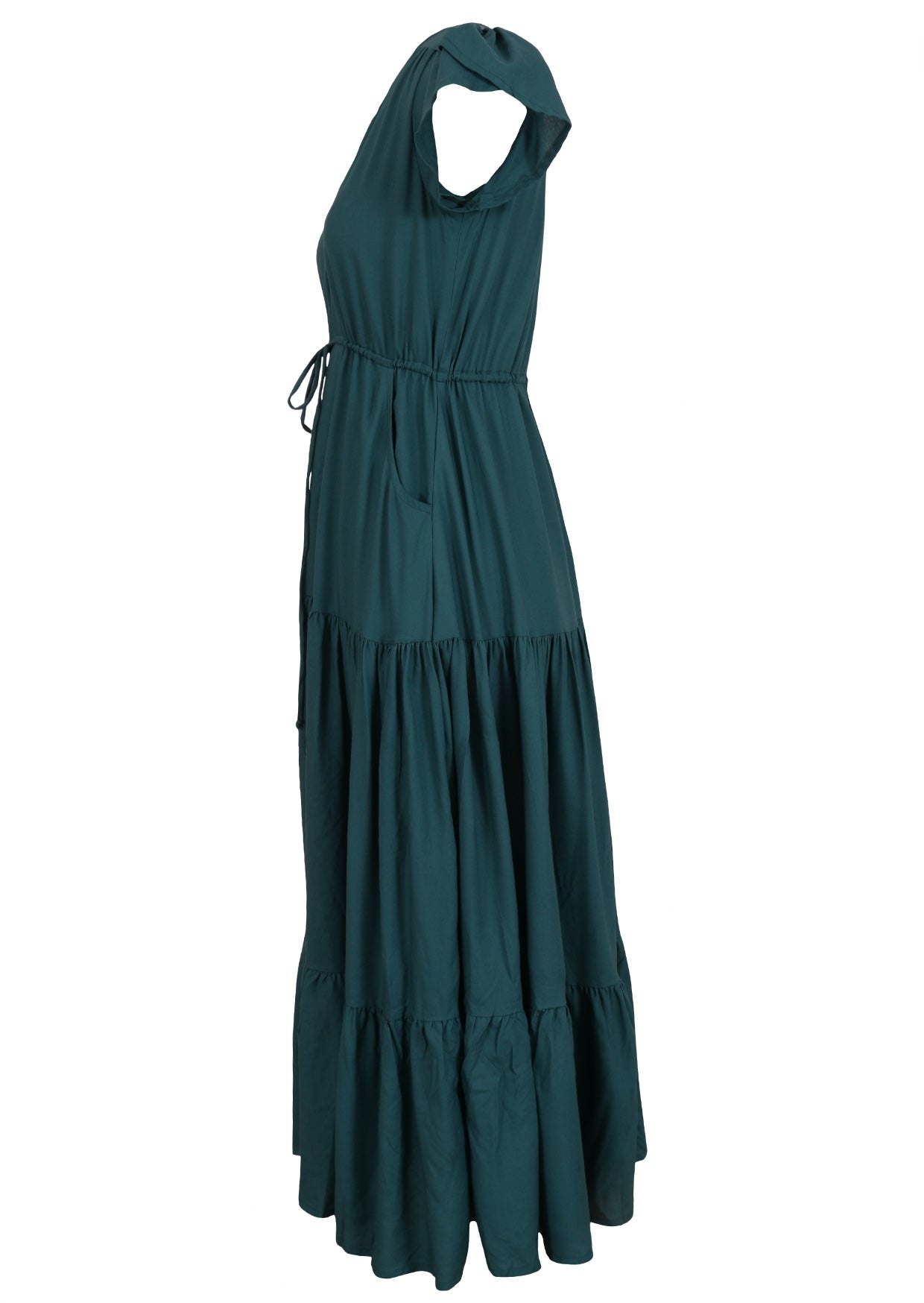 Teal green maxi dress with buttons on a white background side view with pocket