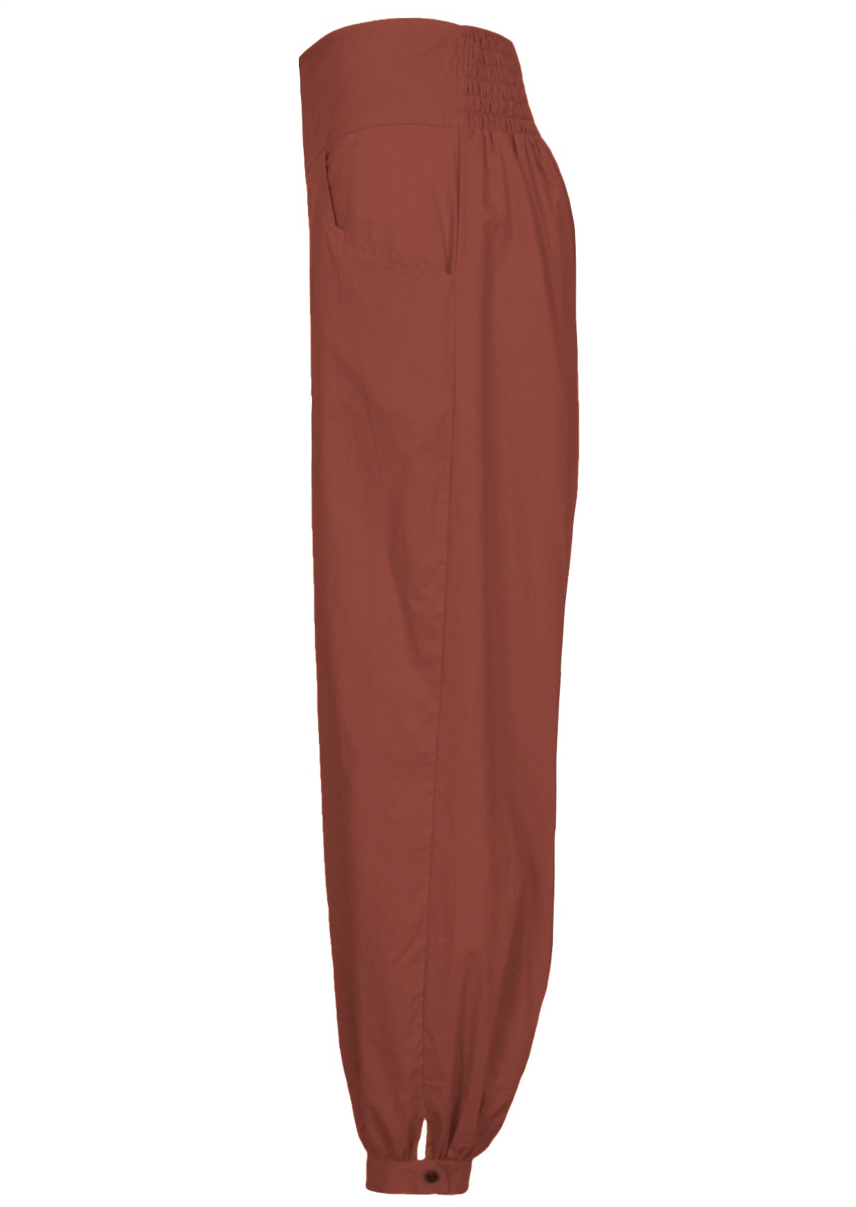 Side view of 100% cotton loose fit pants with tapered style, cuffed ankles and pockets 