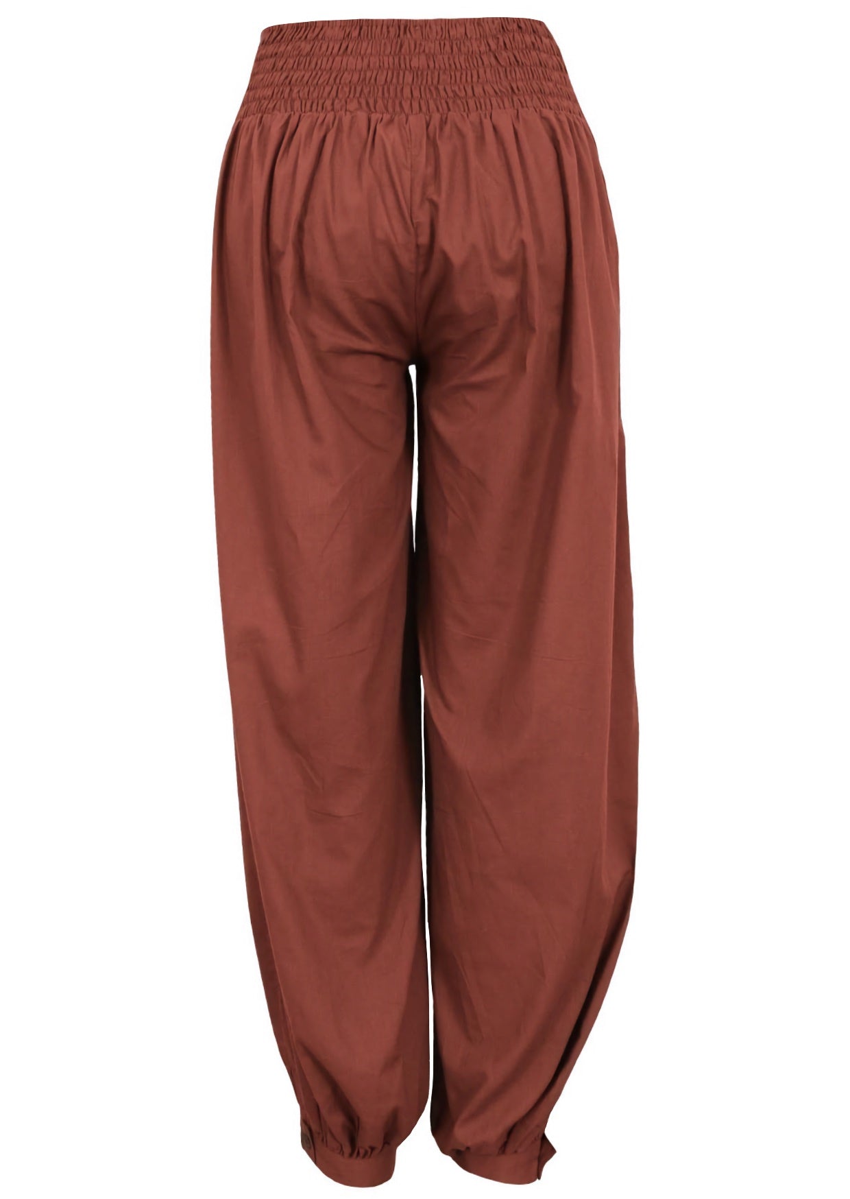Back view of rust-colored lightweight cotton pants with cuffed ankles, shirred back waistband and pockets 