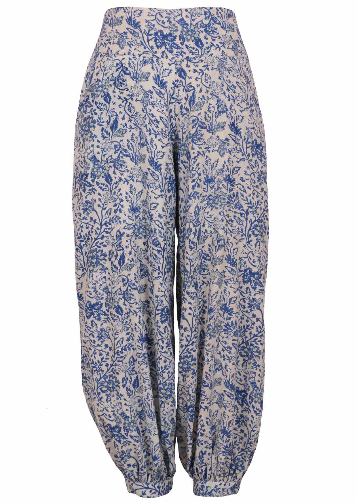 White based blue floral print harem pants with buttoned ankle