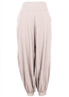 Lightweight 100% cotton pull-on harem pant with pockets, elastic waist and cuffed  ankles in natural white