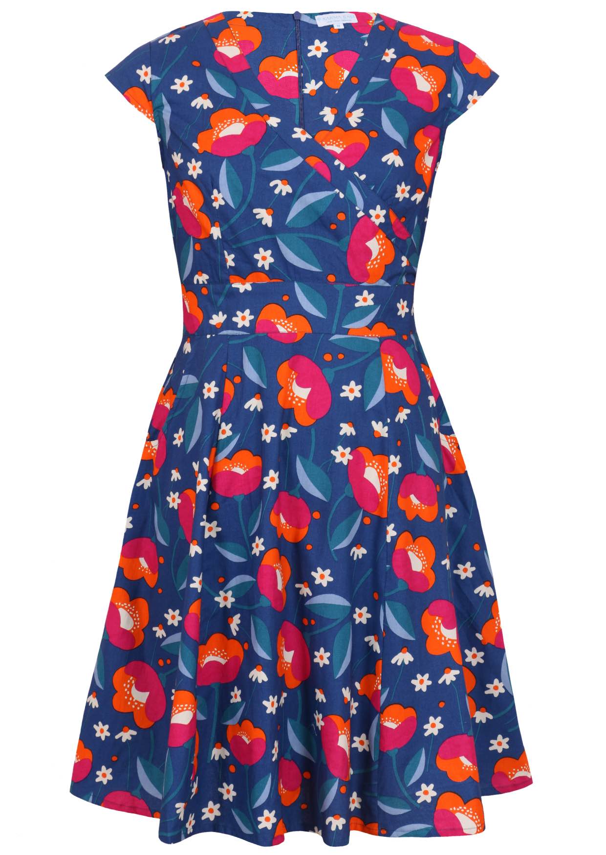 V-neck cotton dress with print featuring royal blue based florals 

