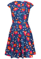 V-neck cotton dress with print featuring royal blue based florals 
