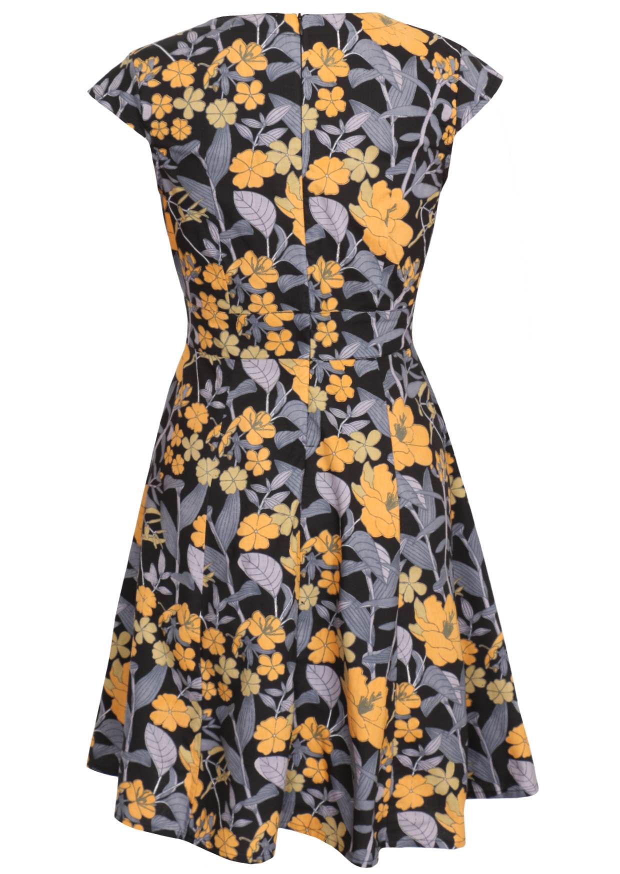 100% cotton retro style knee length dress with cap sleeves and central back zipper.