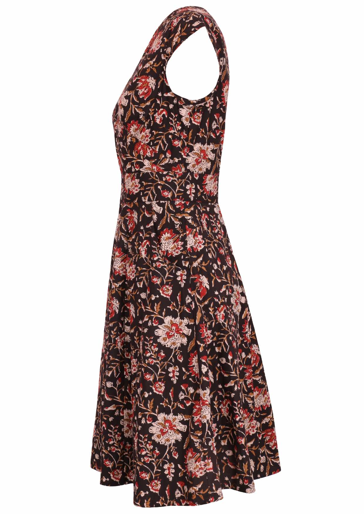 Black based traditional Indian floral print cotton dress with cap sleeves.