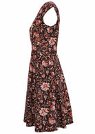 Black based traditional Indian floral print cotton dress with cap sleeves.