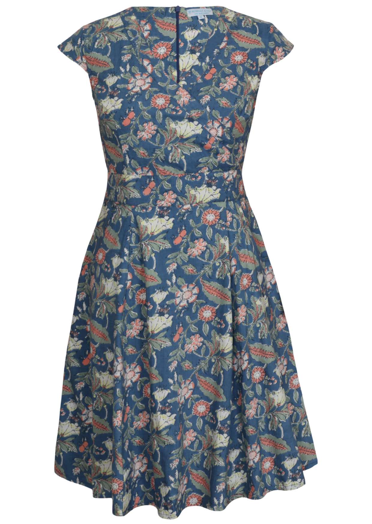 Fit and Flare cotton dress with cross over bodice, cap sleeves and generous A line skirt.
