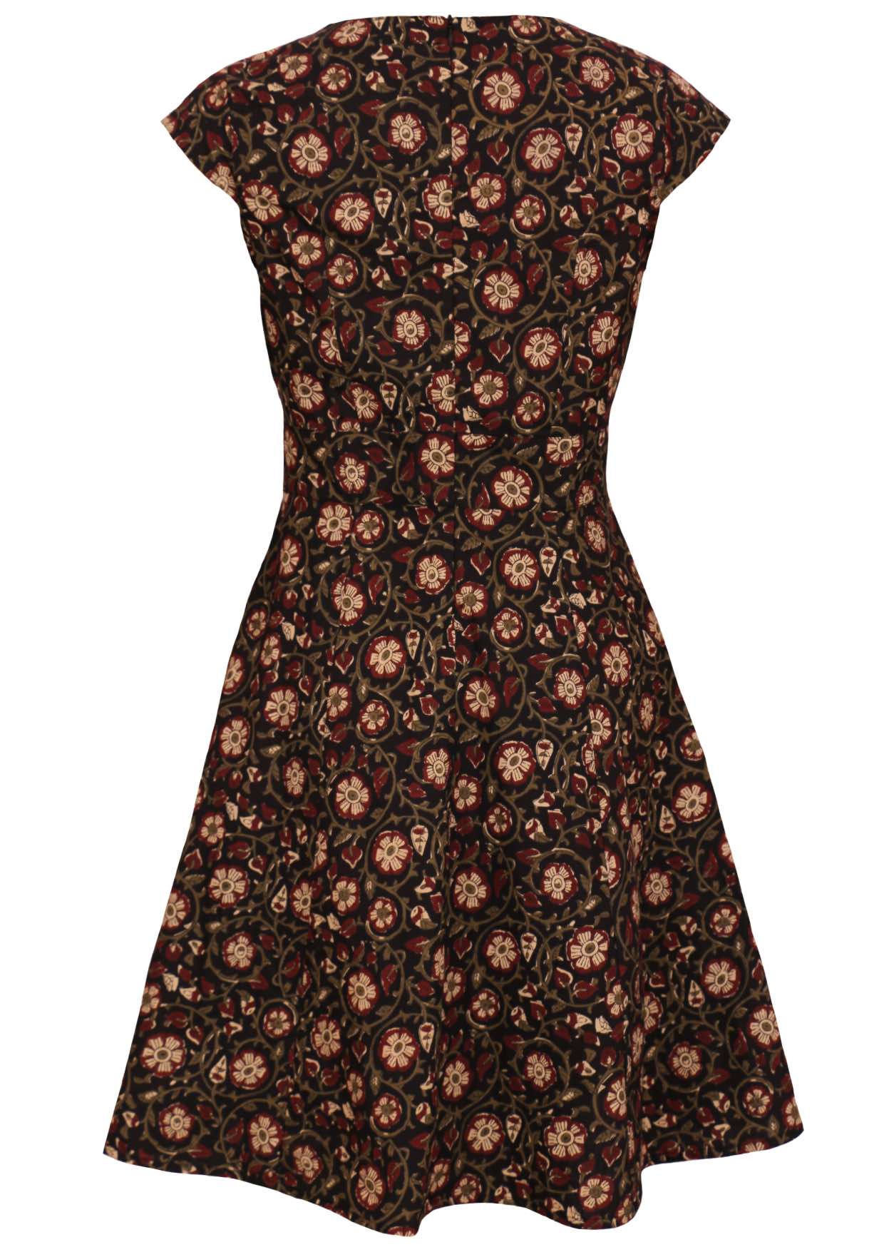 Black based cotton floral print retro dress with cap sleeves and fuller skirt