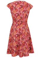 Cap sleeves cotton dress with Japanese-style print in pink, maroon, brown, peach, and khaki tones.
