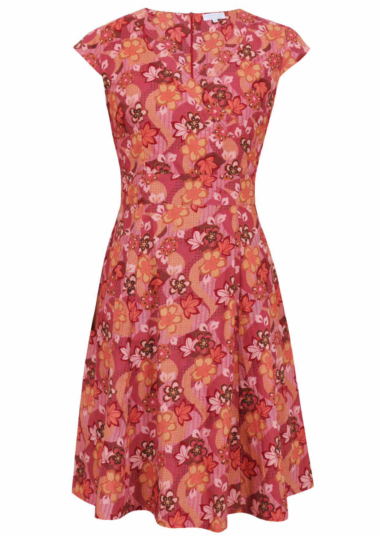 V-neck cotton dress with Japanese-style print in pink, maroon, brown, peach, and khaki tones.
