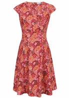 V-neck cotton dress with Japanese-style print in pink, maroon, brown, peach, and khaki tones.

