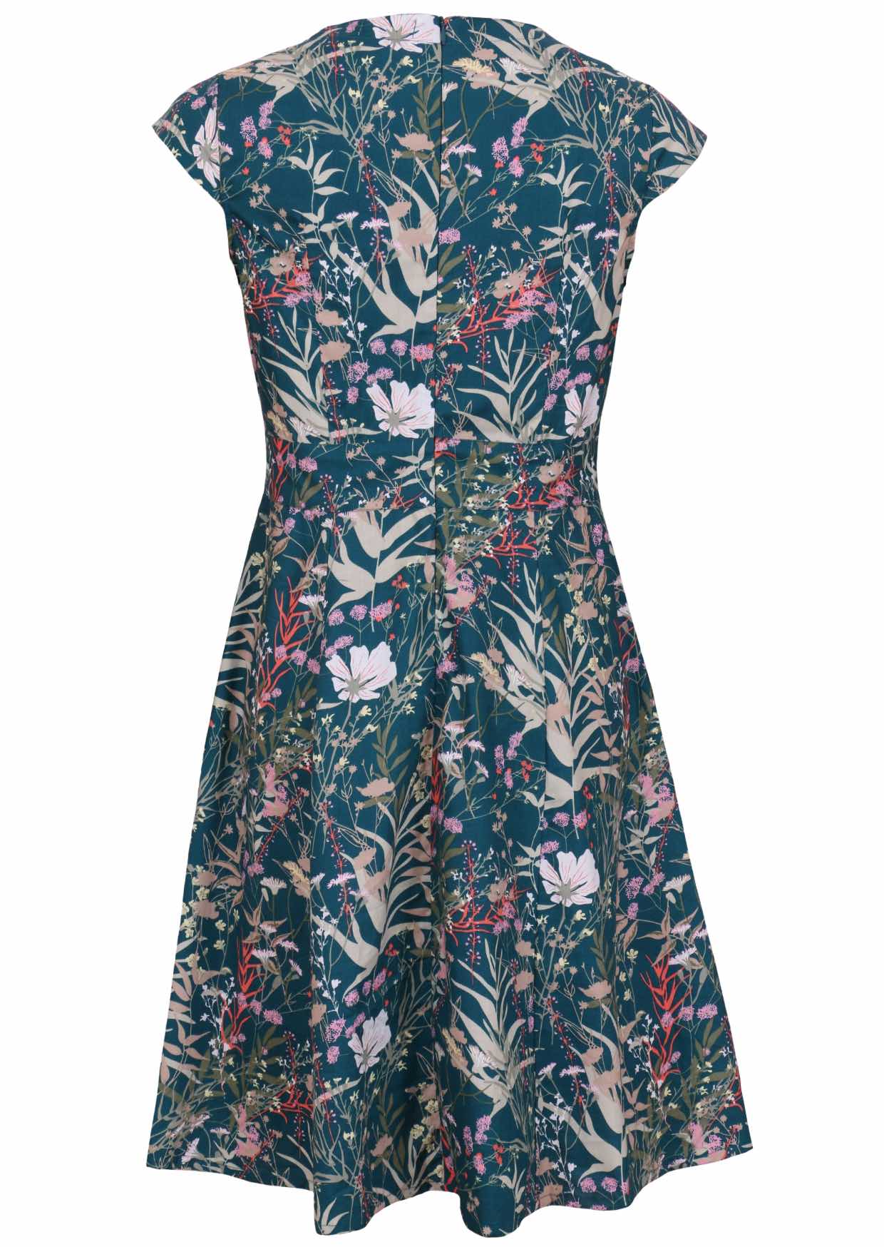 Back view of cap sleeves cotton dress with delicate multicoloured wildflowers on a teal base.