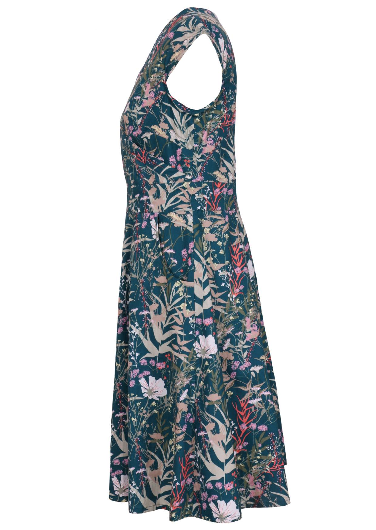 Side view of 100% cotton dress with delicate multicoloured wildflowers on a teal base.