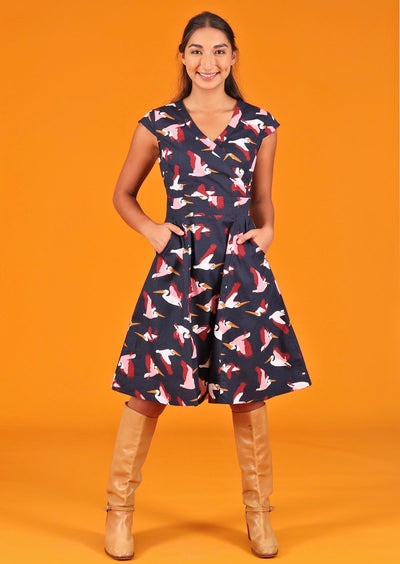 Alice Dress Percival 100% cotton retro style v-neck crossover bodice a-line skirt with pockets