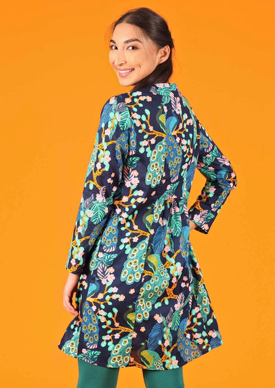 blue green peacock print on navy base cotton tunic