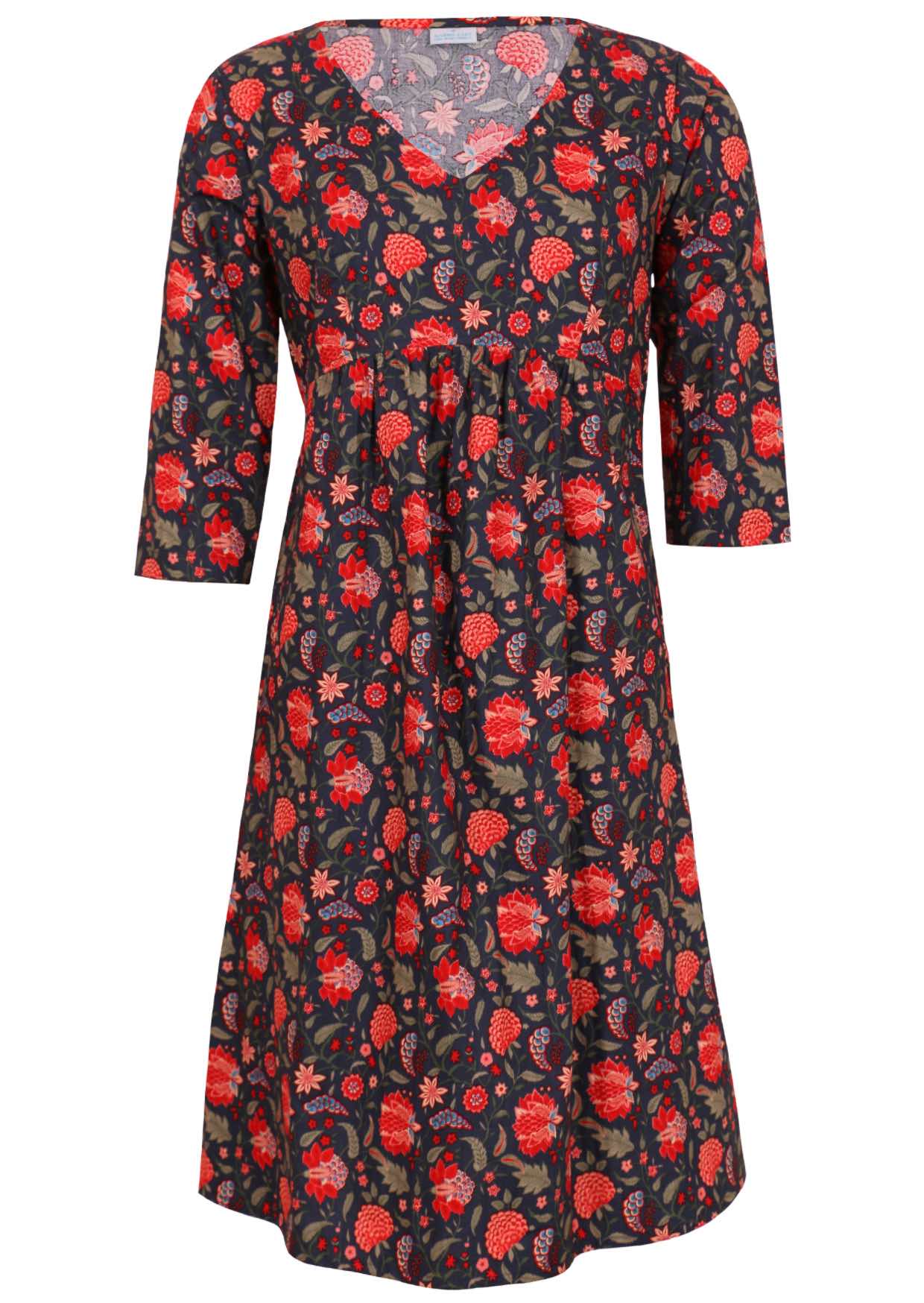 Cotton 3/4 sleeve V-neckline dress in a red and green floral print on a blue base