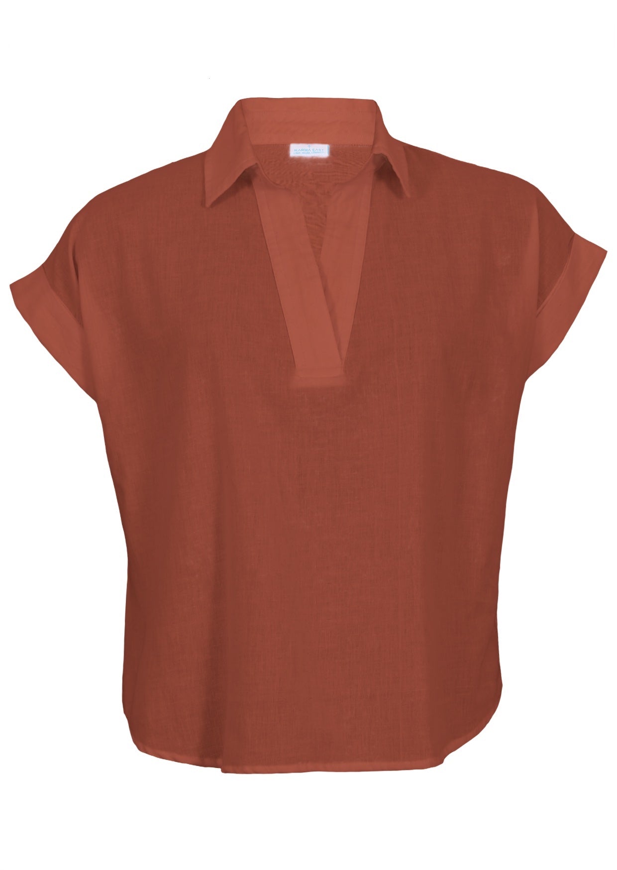 Loose cut 100% cotton top with short folded cuff sleeves, V neckline and a collar