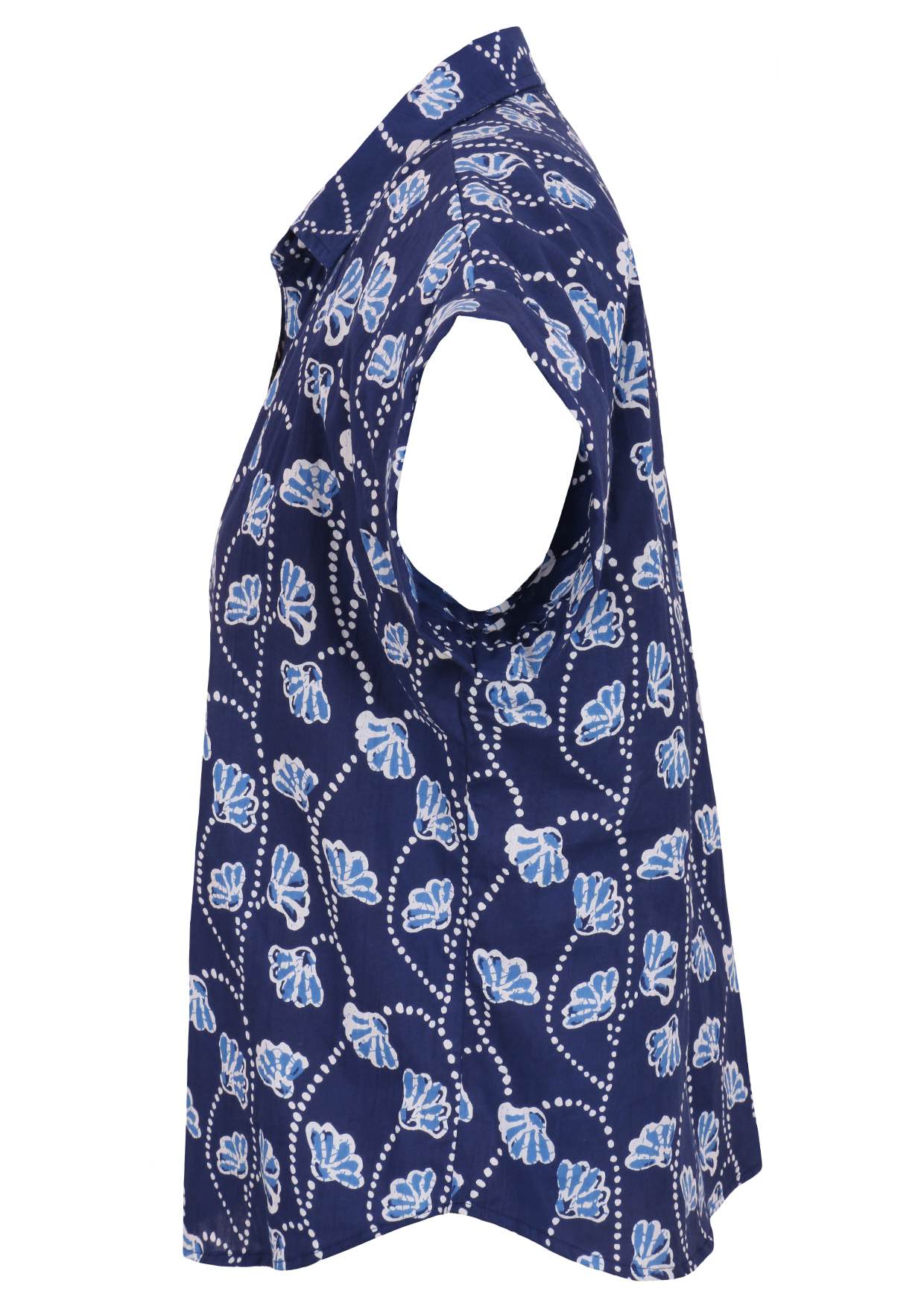 Side view of loose fit shirt style cotton top with collar in navy blue based floral print