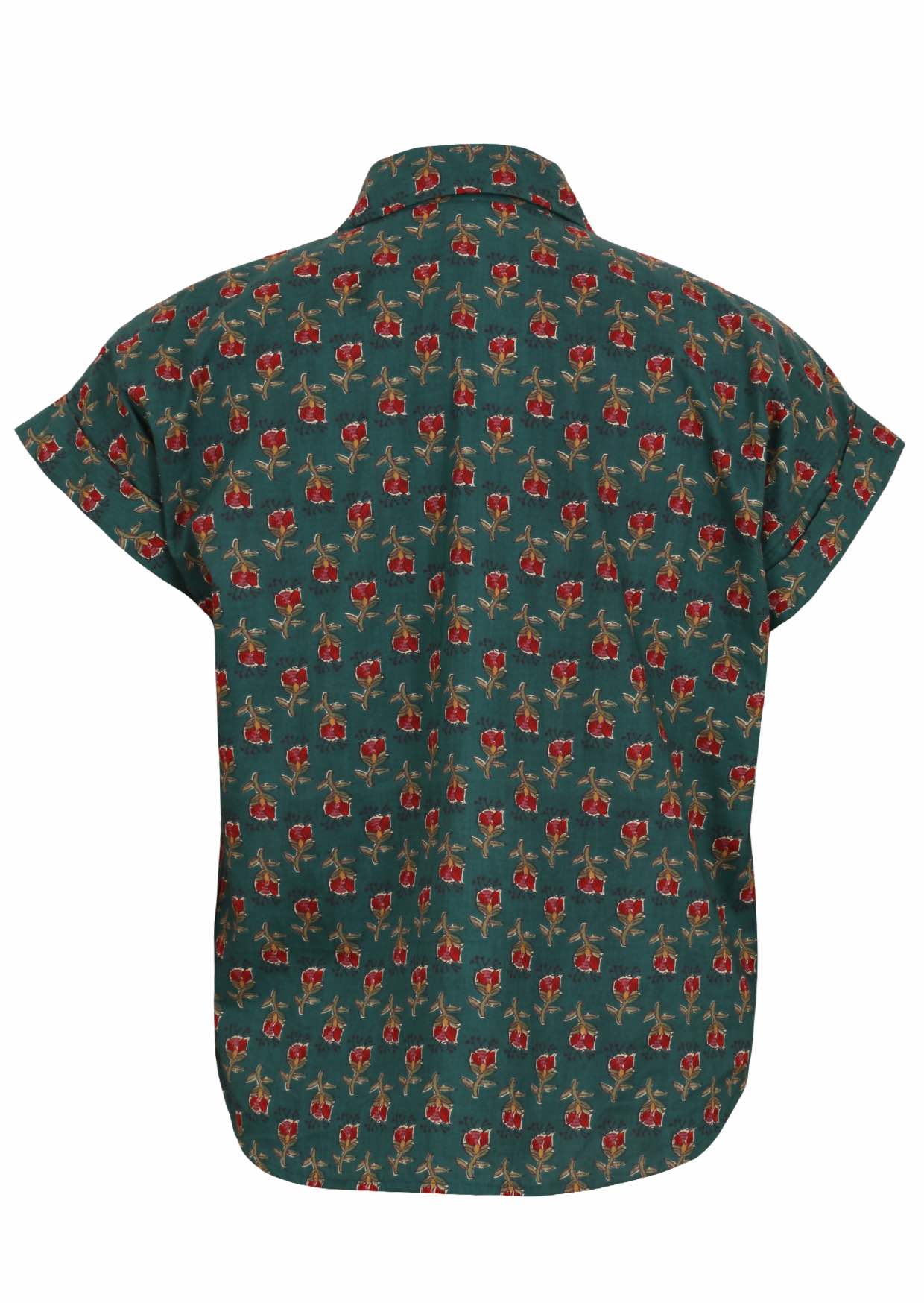 Lightweight 100% cotton top in bottle green with V neckline, collar and short folded sleeves