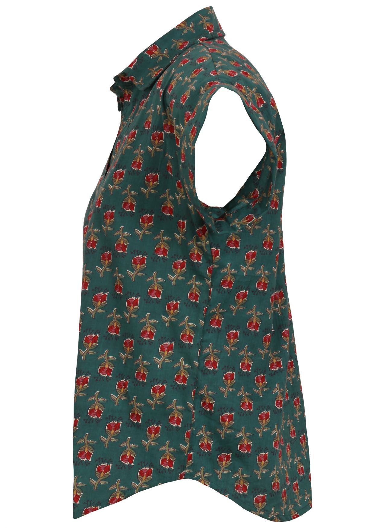 Side view of loose fit shirt style cotton top with collar in bottle green based floral print