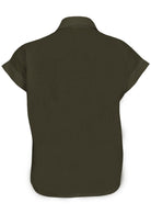 Back view of shirt style cotton top in olive green with structured collar and short sleeves 