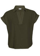 100% cotton relaxed fit olive green top with collar, V neckline and short folded cuff sleeves