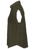 Side view of olive green cotton top featuring collar, short folded cuff sleeves and V neckline 