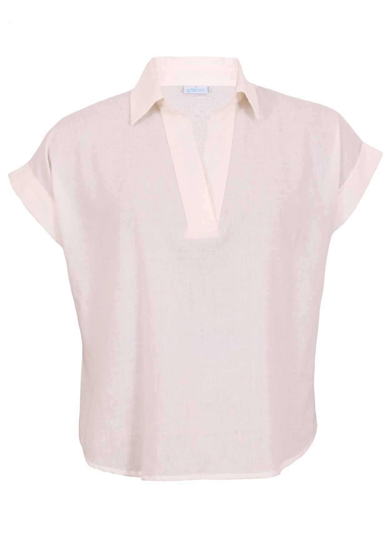 100% cotton, loose fit shirt style top in natural white with folded cuff sleeves, a collar and V-neckline