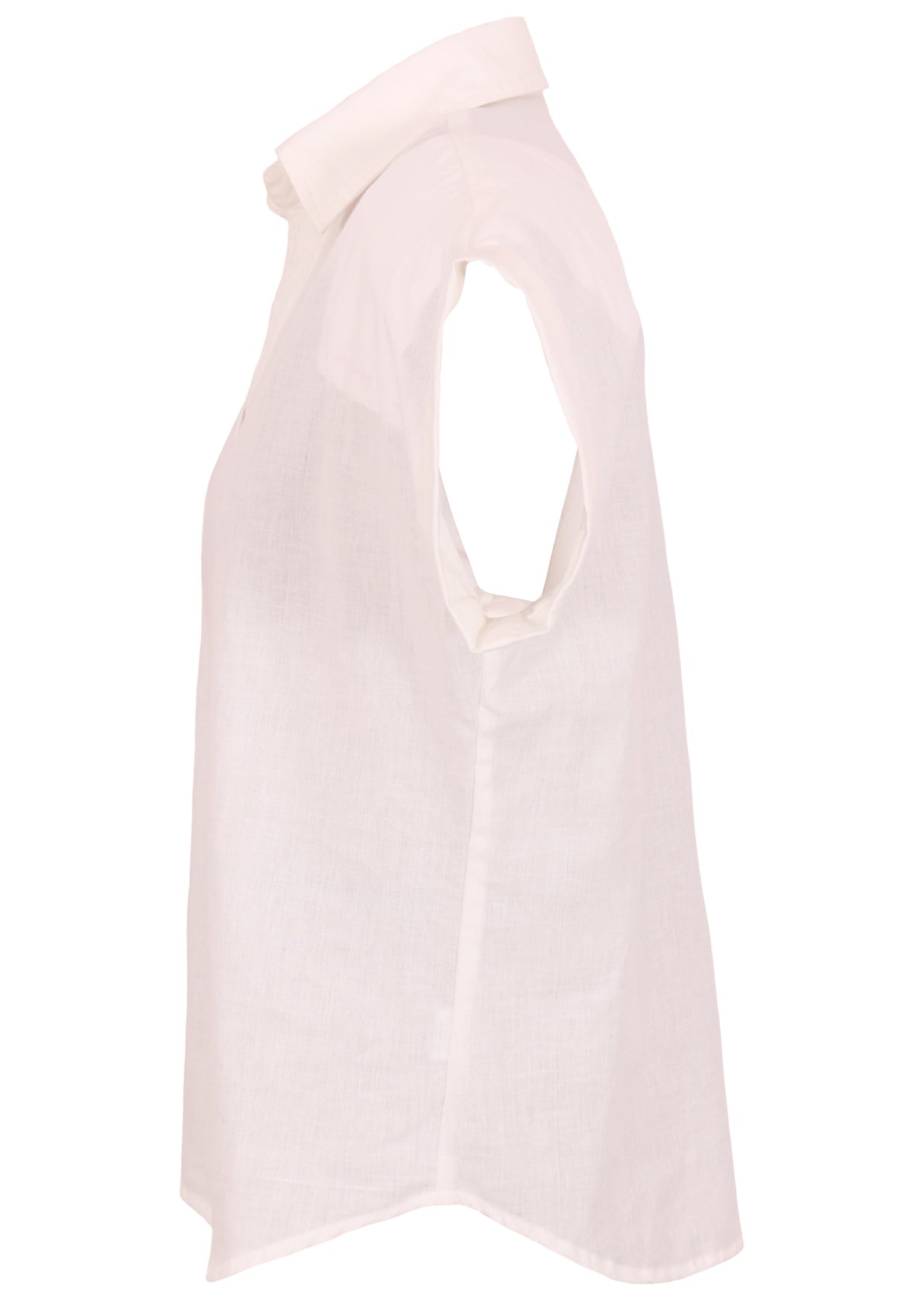 Side image of relaxed fit shirt style cotton top in white with short sleeves and a collar