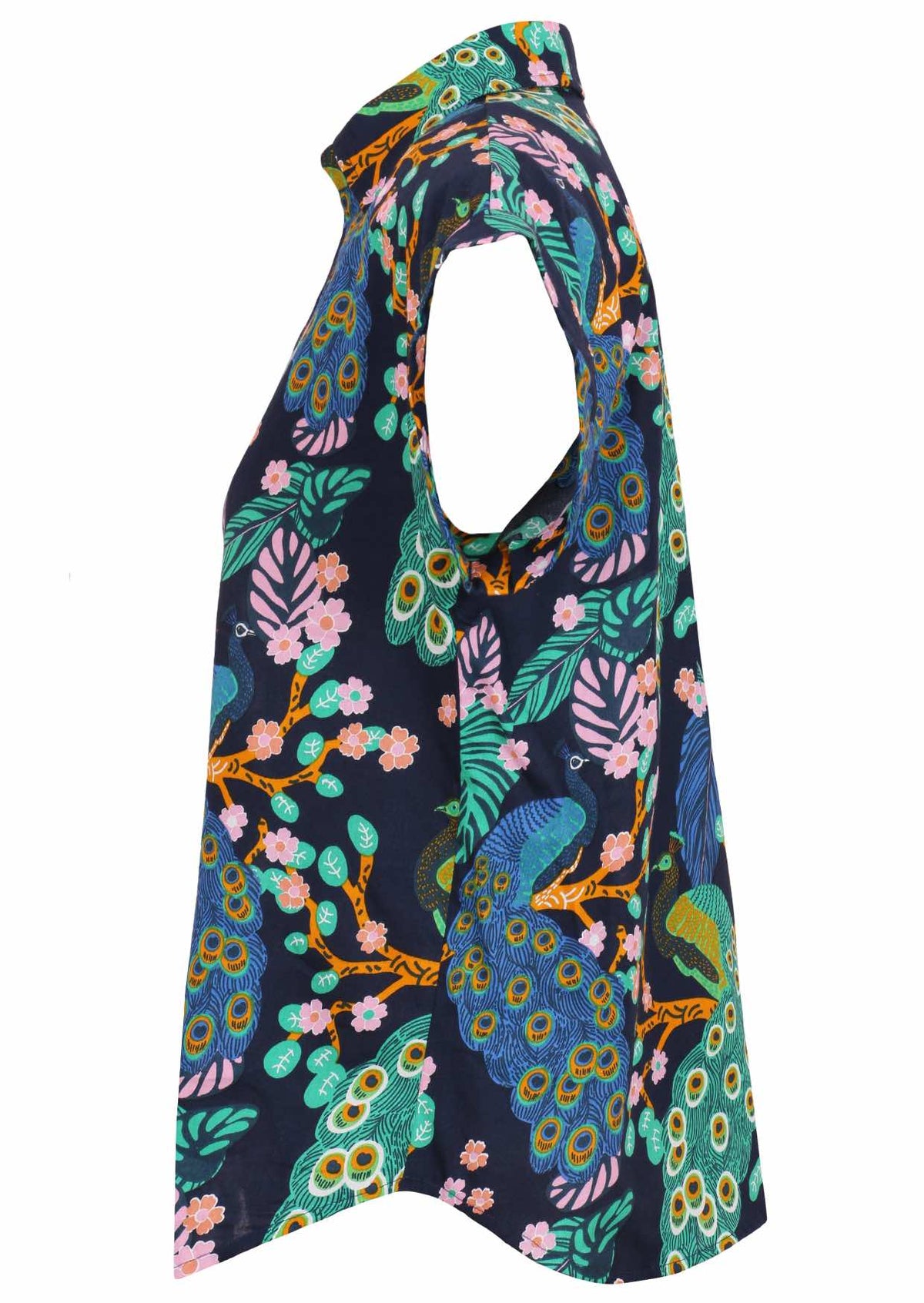 Side view of loose fit shirt style cotton top with collar in navy blue based floral print