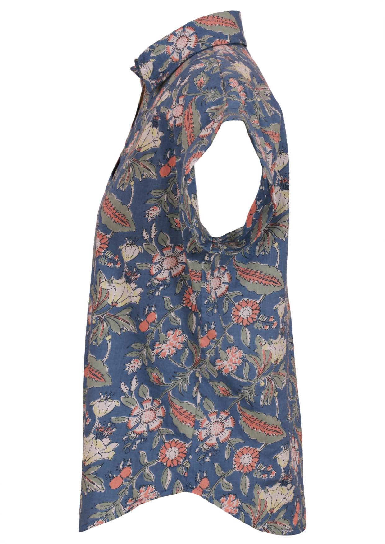 Side view of loose fit shirt style cotton top with collar in dusty blue based floral print